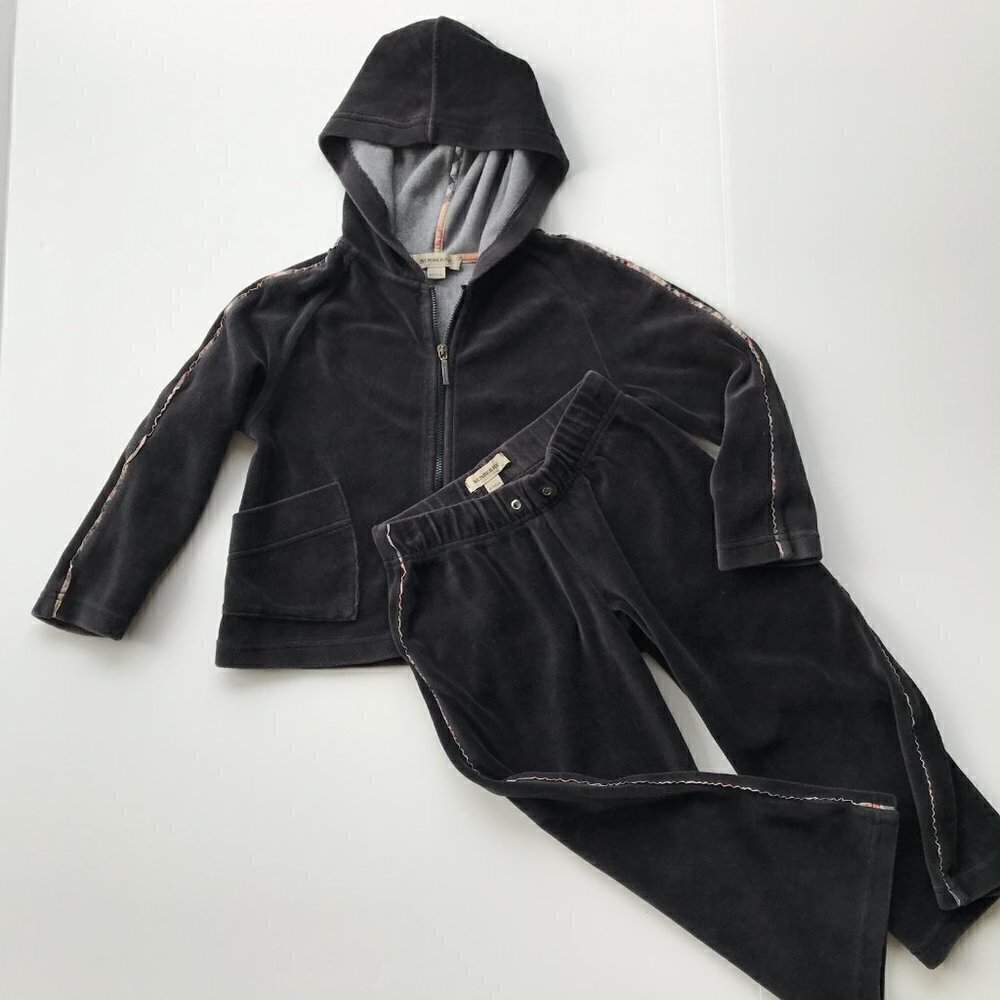 BURBERRY grey poly velour signature trim hooded 2 piece tracksuit elastic 4Y